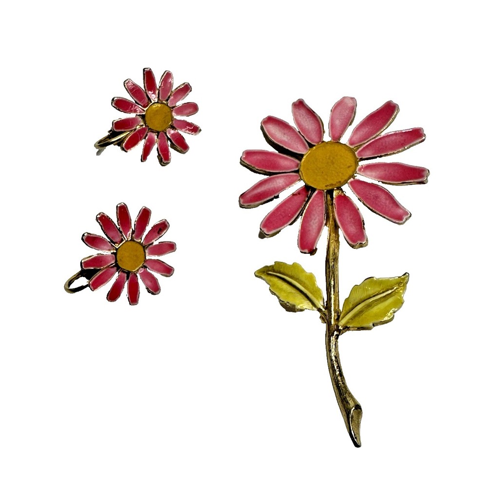VTG Accessocraft Brooch Earrings Set Singed Pink Enamel Flower Daisy